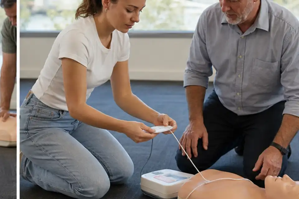 Learners preparing AED training pads beside an adult CPR manikin