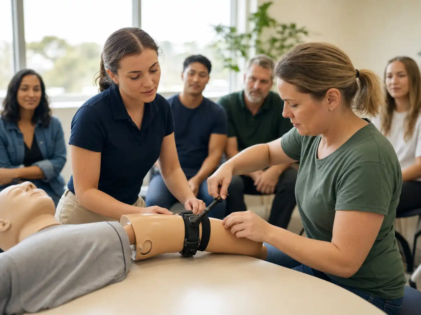 A first aid trainer guiding a learner applying a windlass tourniquet to a manikin leg